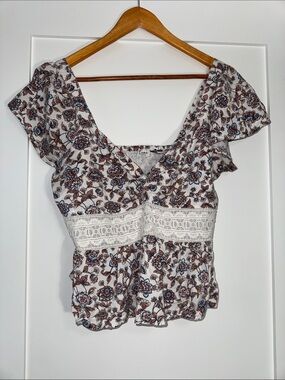 Luna Skies Floral Lace-Trim V-Neck Top - White with Brown & Blue Floral Sz XL